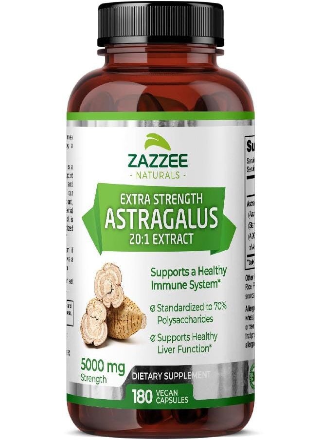 Zazzee Extra Strength Astragalus Root 20:1 Extract, 5000 mg Strength, 70% Polysaccharides, 180 Vegan Capsules, 6 Month Supply, 100% Vegetarian, Standardized and Concentrated 20X Extract, Non-GMO