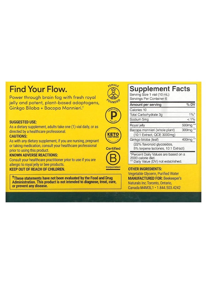 Beekeeper's Naturals, Royal Jelly Brain Fuel, 6 Vials, 0.35 fl oz (10 ml) Each