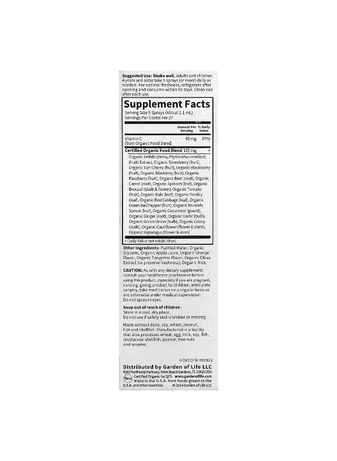 Garden of Life, MyKind Organics, Vitamin C Organic Spray, Orange-Tangerine, 2 fl oz (58 ml)