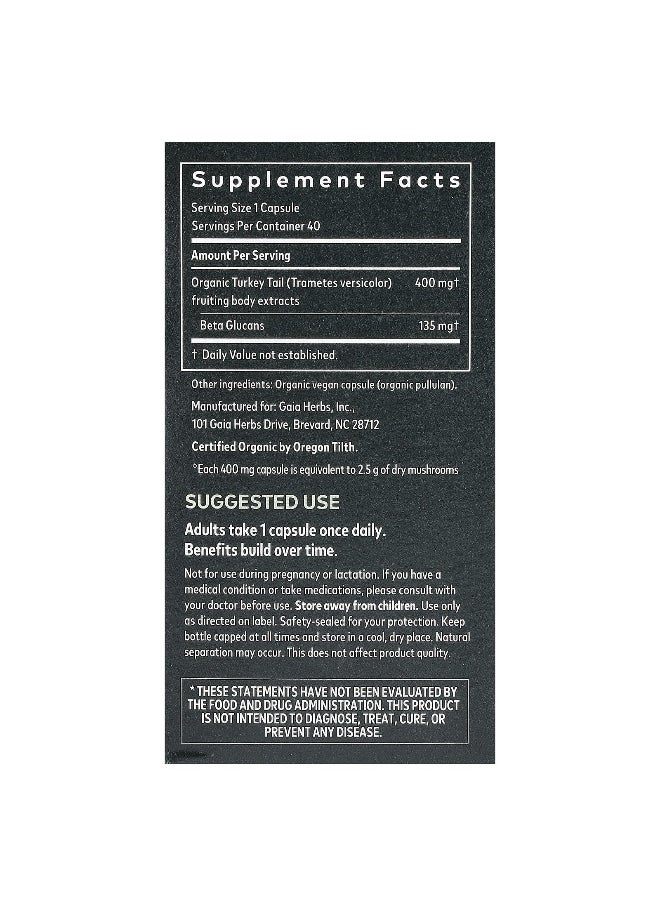 Gaia Herbs, Turkey Tail Mushroom, 400 mg, 40 Vegan Capsules