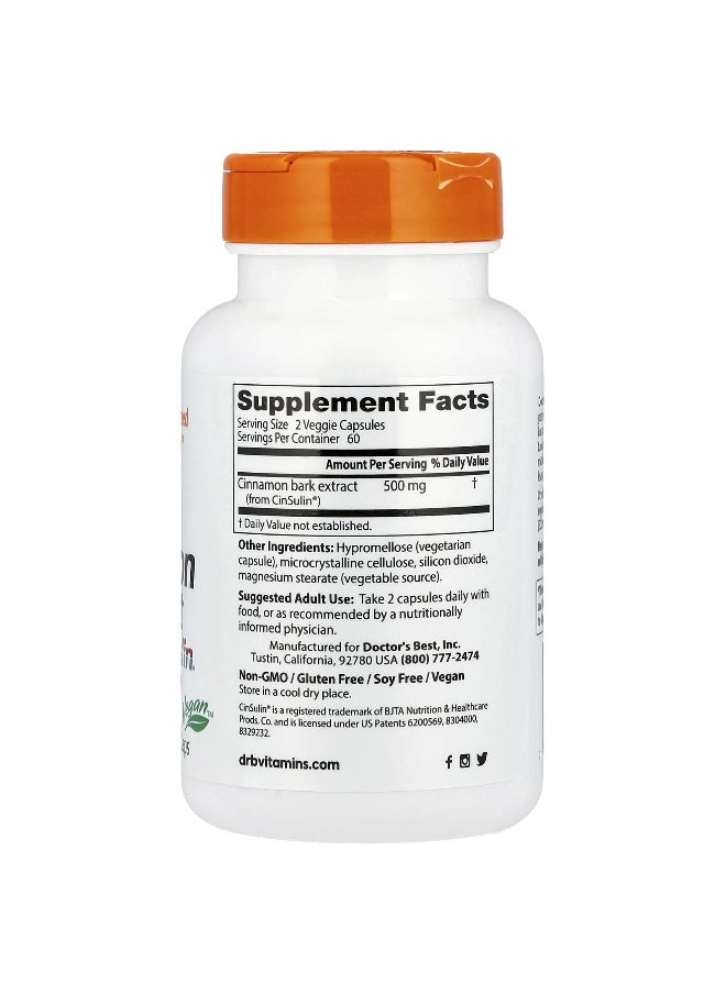 Doctor's Best, Cinnamon Extract with CinSulin®, 500 mg, 120 Veggie Caps (250 mg per Capsule)