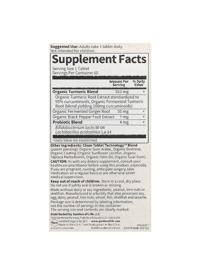 Garden of Life, Organics, Extra Strength Turmeric, Inflammatory Response, 60 Vegan Tablets