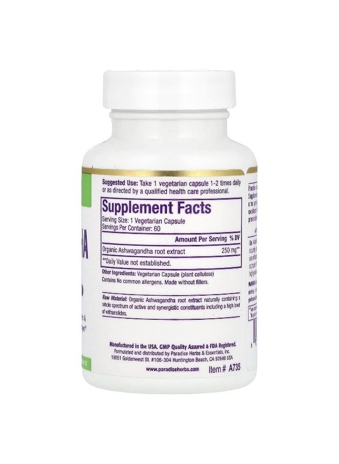 Paradise Herbs, Ashwagandha Extract, 250 mg, 60 Vegetarian Capsules