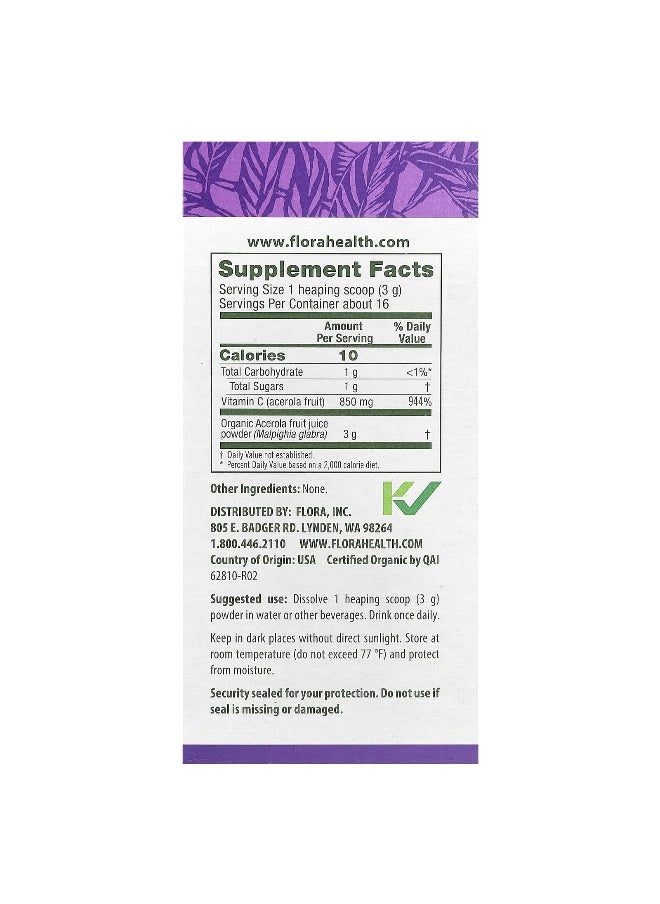 Flora, Certified Organic Acerola Powder, 1.7 oz (50 g)