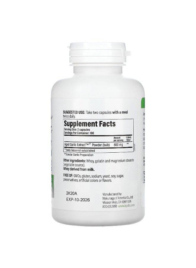 Kyolic, Aged Garlic Extract, Cardiovascular Health, Original Formula 100, 600 mg, 200 Capsules (300 mg Per Capsule)