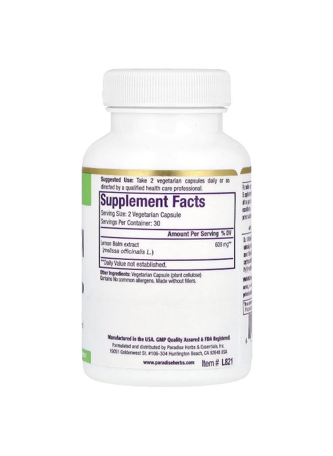 Paradise Herbs, Lemon Balm Extract, 600 mg, 60 Vegetarian Capsules (300 mg per Capsule)