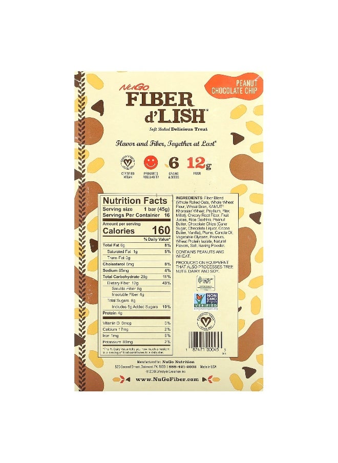 NuGo Nutrition, Fiber d'Lish, Peanut Chocolate Chip, 16 Bars 1.6 oz (45 g) Each