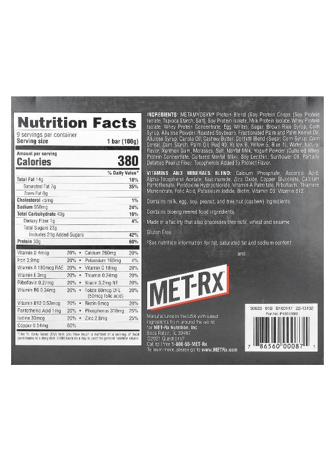 MET-Rx, Big 100, Meal Replacement Bar, Fruity Cereal Crunch, 9 Bars, 3.52 oz (100 g) Each
