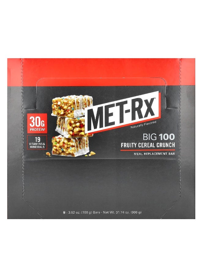 MET-Rx, Big 100, Meal Replacement Bar, Fruity Cereal Crunch, 9 Bars, 3.52 oz (100 g) Each
