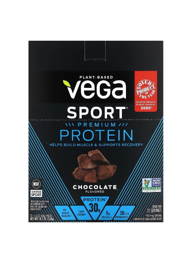 Vega, Sport, Plant-Based Premium Protein, Chocolate, 12 Packs, 1.6 oz (44 g) Each