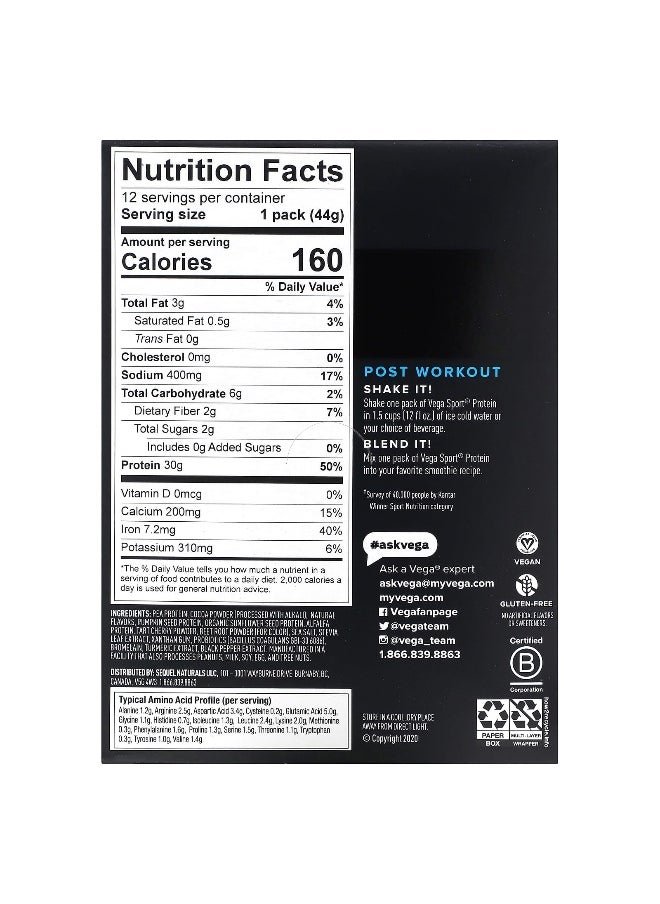 Vega, Sport, Plant-Based Premium Protein, Chocolate, 12 Packs, 1.6 oz (44 g) Each