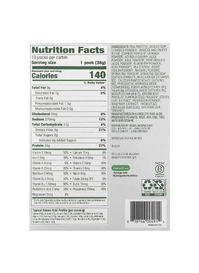Vega, Plant-Based Organic All-In-One Shake, French Vanilla, 10 Pack, 1.4 oz (38 g) Each