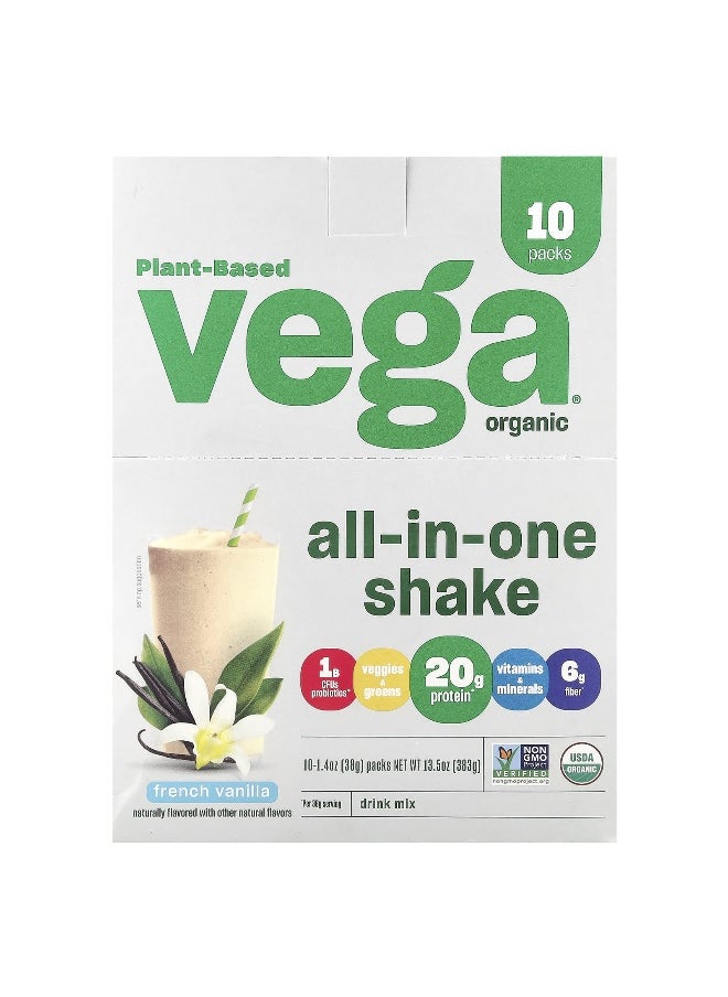 Vega, Plant-Based Organic All-In-One Shake, French Vanilla, 10 Pack, 1.4 oz (38 g) Each