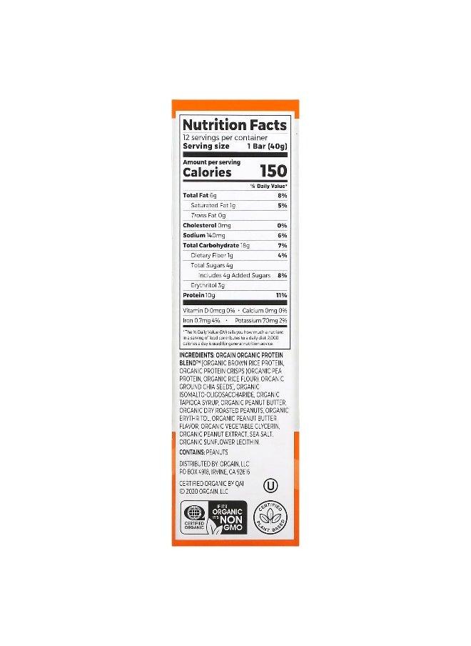 Orgain, Organic Plant-Based Protein Bar, Peanut Butter, 12 Bars, 1.41 oz (40 g) Each