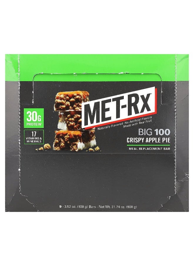 MET-Rx, Big 100, Meal Replacement Bar, Crispy Apple Pie, 9 Bars, 3.52 oz (100 g) Each
