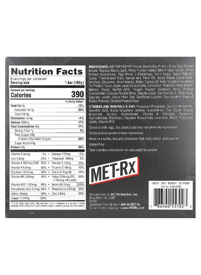 MET-Rx, Big 100, Meal Replacement Bar, Crispy Apple Pie, 9 Bars, 3.52 oz (100 g) Each
