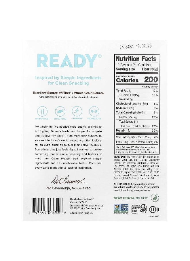 Ready, Clean Protein Bar, Dark Chocolate Coconut Almond, 12 Bars, 1.87 oz (53 g) Each