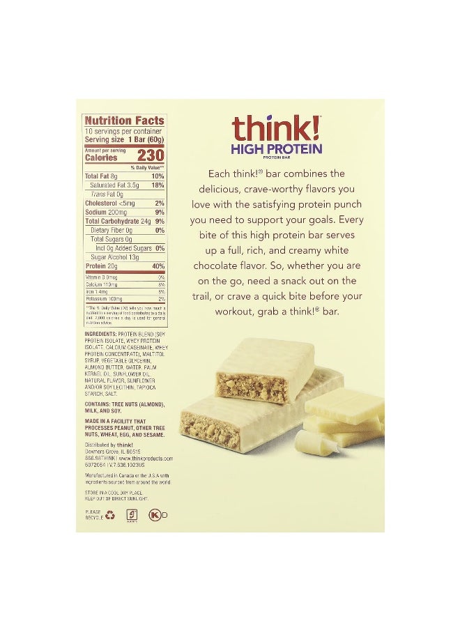 Think !, High Protein Bars, White Chocolate, 10 Bars, 2.1 oz (60 g) Each