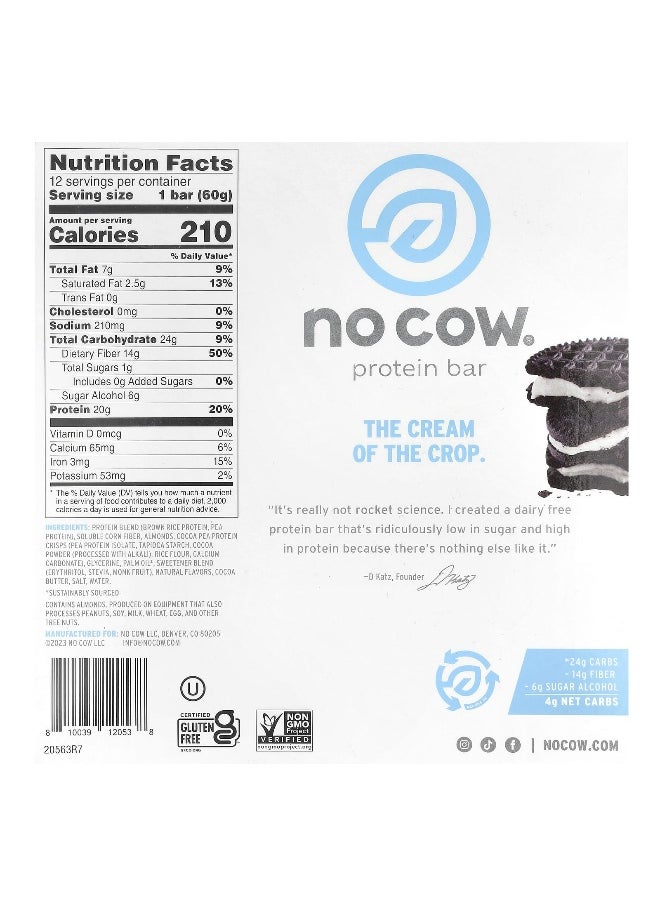 No Cow, Protein Bar, Cookies'N Cream, 12 Bars, 2.12 oz (60 g) Each