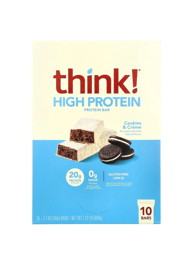 Think !, High Protein Bars, Cookies & Cream, 10 Bars, 2.1 oz (60 g) Each