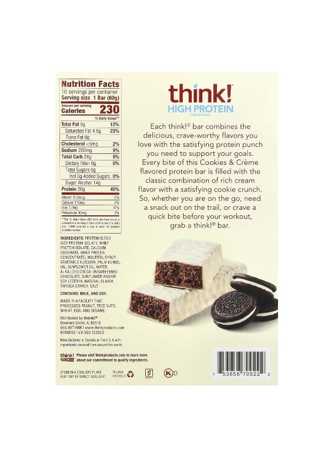 Think !, High Protein Bars, Cookies & Cream, 10 Bars, 2.1 oz (60 g) Each