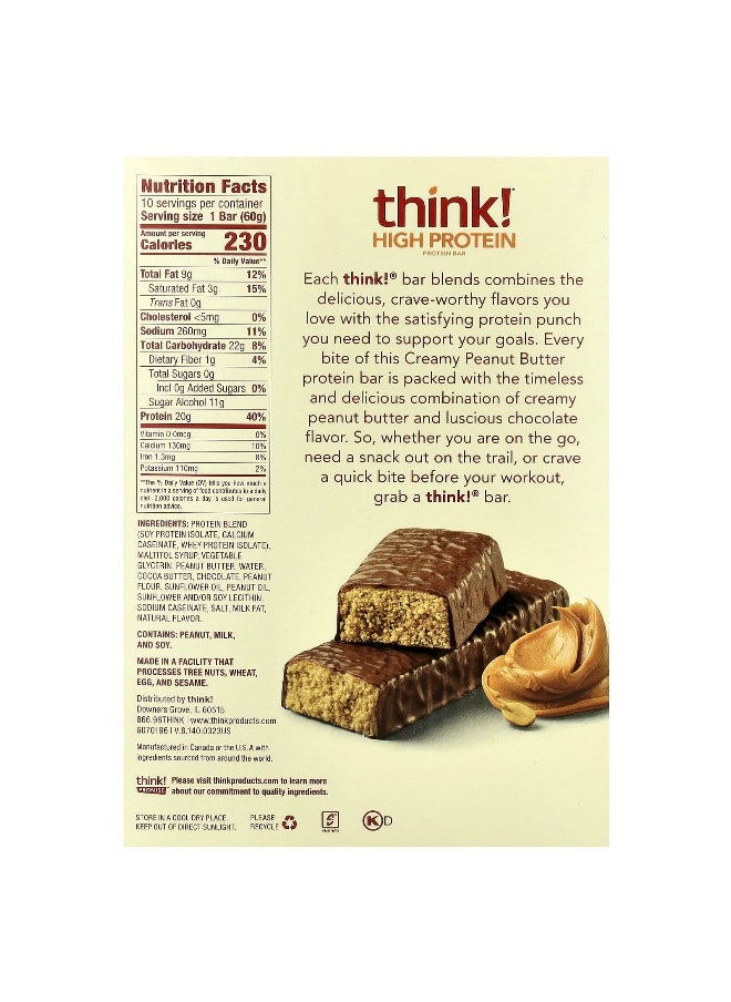 Think !, High Protein Bars, Creamy Peanut Butter, 10 Bars, 2.1 oz (60 g) Each