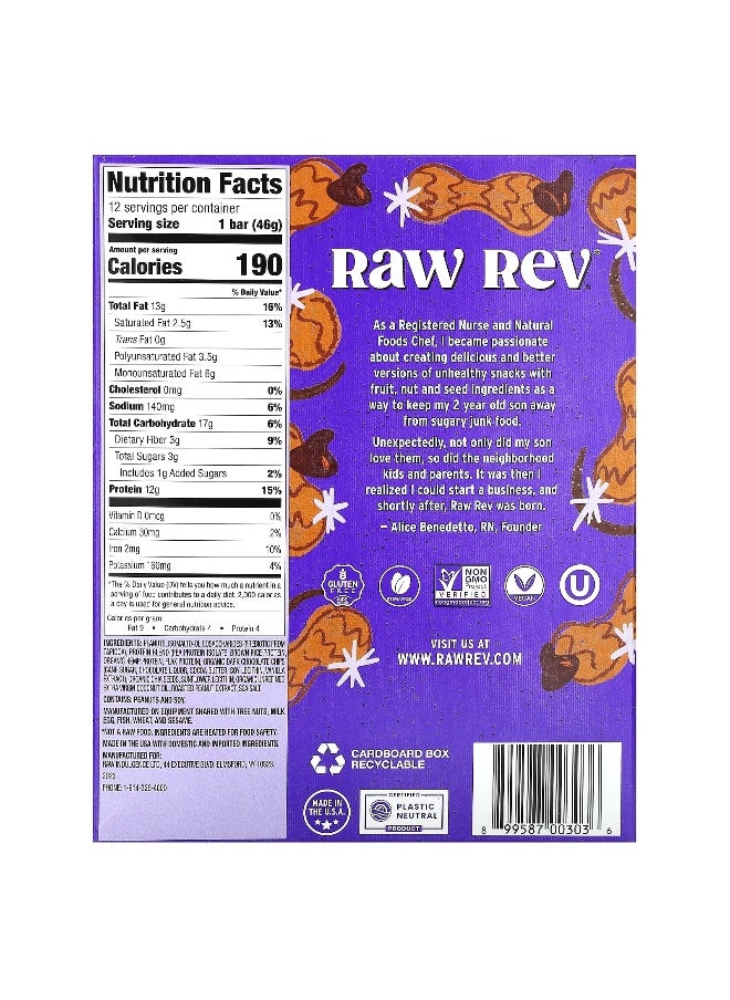 Raw Rev, Plant-Based Protein Bar, Peanut Butter Dark Chocolate & Sea Salt, 12 Bars, 1.6 oz (46 g) Each