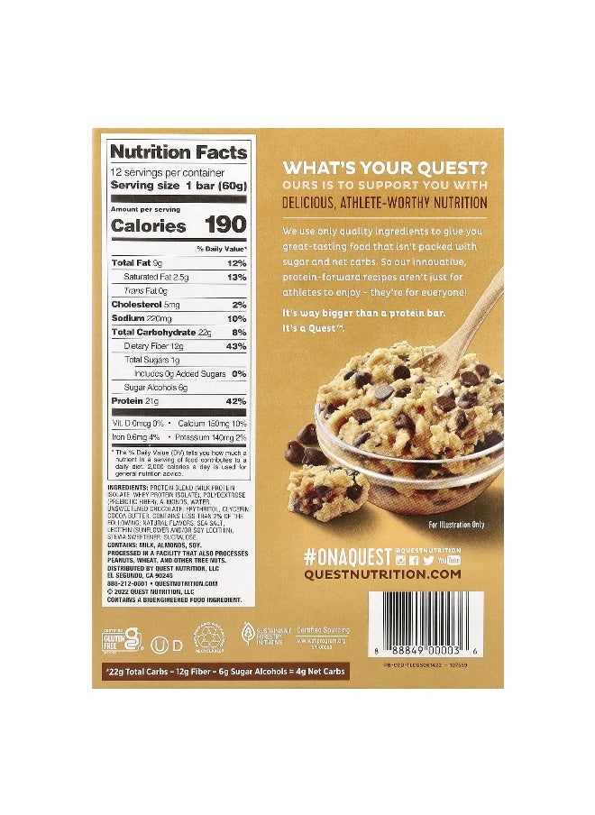 Quest Nutrition, Protein Bar, Chocolate Chip Cookie Dough, 12 Bars, 2.12 oz (60 g) Each