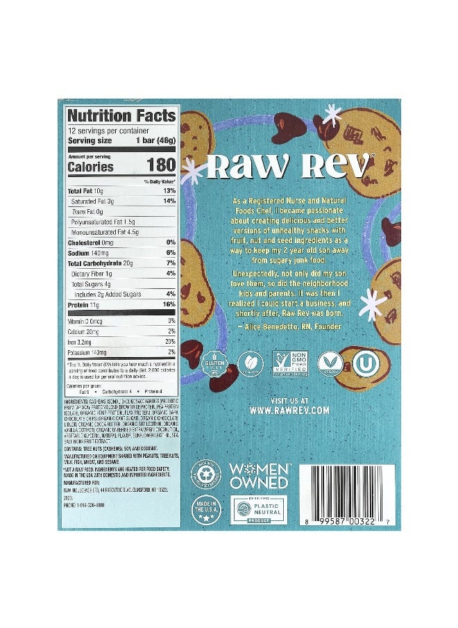 Raw Rev, Plant-Based Protein Bar, Chocolate Chip Cookie Dough, 12 Bars, 1.6 oz (46 g) Each
