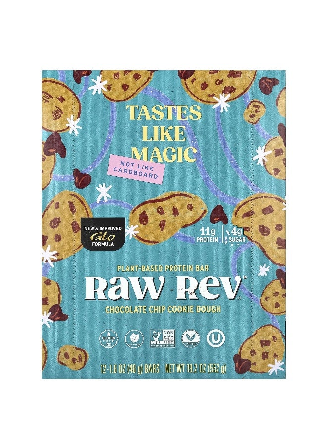 Raw Rev, Plant-Based Protein Bar, Chocolate Chip Cookie Dough, 12 Bars, 1.6 oz (46 g) Each
