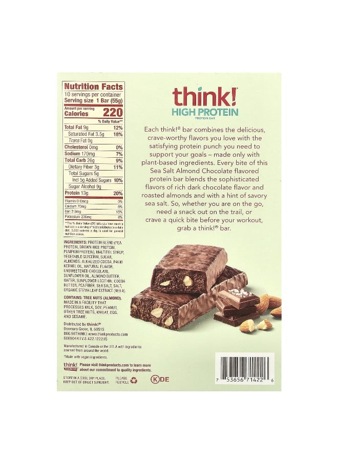 Think !, High Protein Bars, Sea Salt Almond Chocolate, 10 Bars, 1.94 oz (55 g) Each