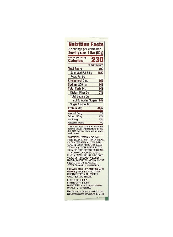 Think !, High Protein Bars, Chocolate Mint, 5 Bars, 2.1 oz (60 g) Each