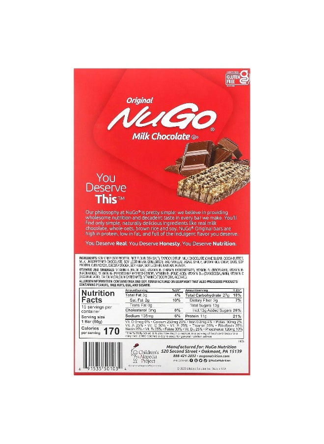 NuGo Nutrition, Original Bar, Milk Chocolate, 15 Bars, 1.76 oz (50 g) Each