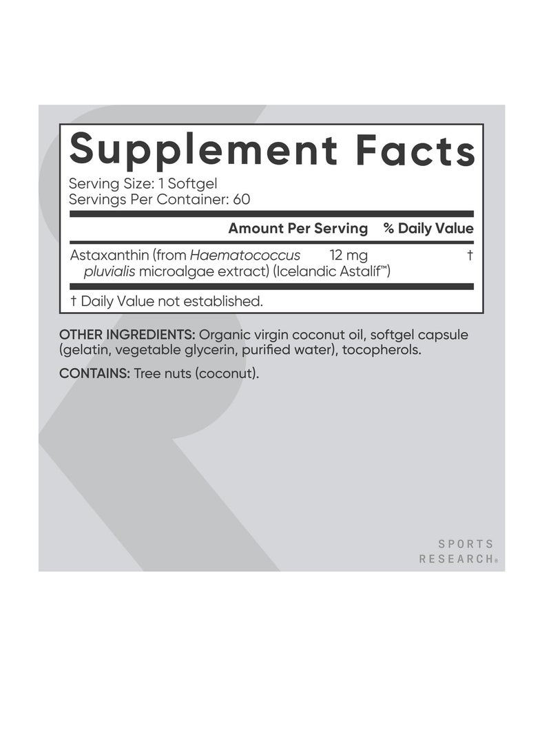 Triple Strength Astaxanthin 12mg with Organic Coconut Oil - Antioxidant Supplement, Non-GMO Verified & Gluten Free - 60 Softgels
