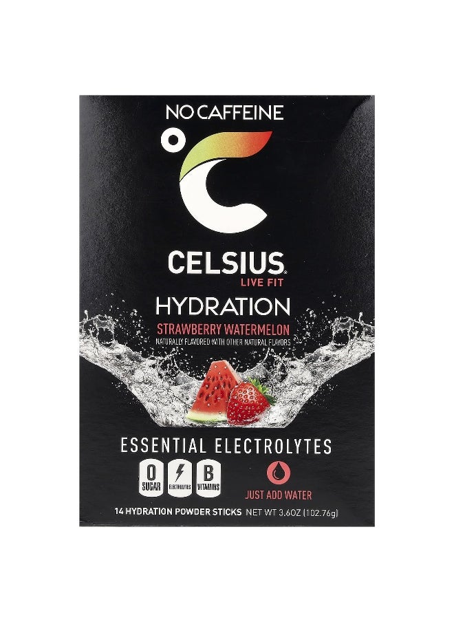 Celsius, Live Fit, Hydration, Essential Electrolytes, No Caffeine, Strawberry Watermelon, 14 Hydration Powder Sticks, 0.26 oz (7.28 g) Each
