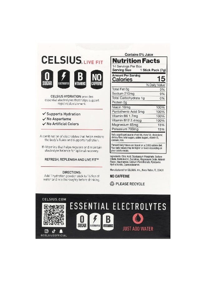 Celsius, Live Fit, Hydration, Essential Electrolytes, No Caffeine, Strawberry Watermelon, 14 Hydration Powder Sticks, 0.26 oz (7.28 g) Each