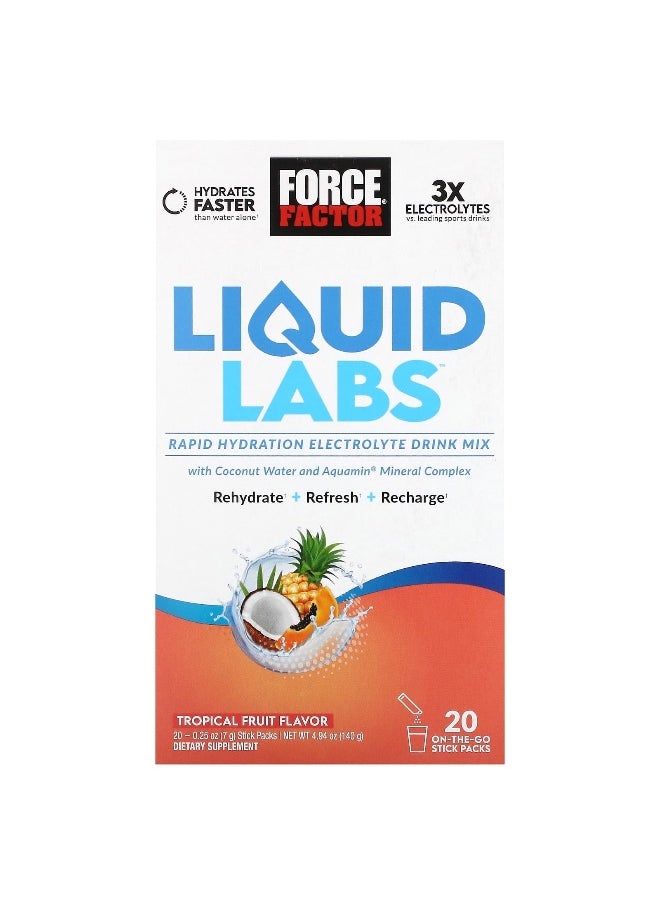 Force Factor, Liquid Labs™, Rapid Hydration Electrolyte Drink Mix, Tropical Fruit, 20 Stick Packs, 0.25 oz (7 g) Each