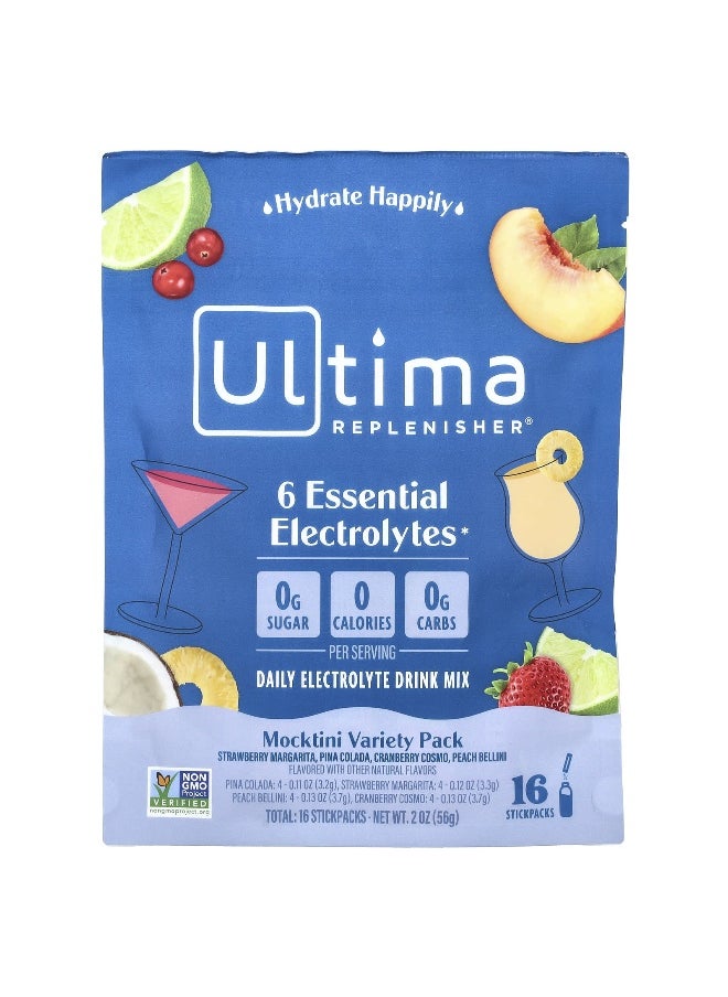 Ultima Replenisher, 6 Essential Electrolytes, Daily Electrolyte Drink Mix, Mocktini Variety Pack, 16 Stickpacks, 2 oz (56 g)