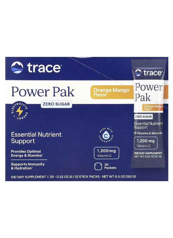 Trace, Power Pak, Zero Sugar, Orange Mango, 30 Packets, 0.22 oz (6.1 g) Each