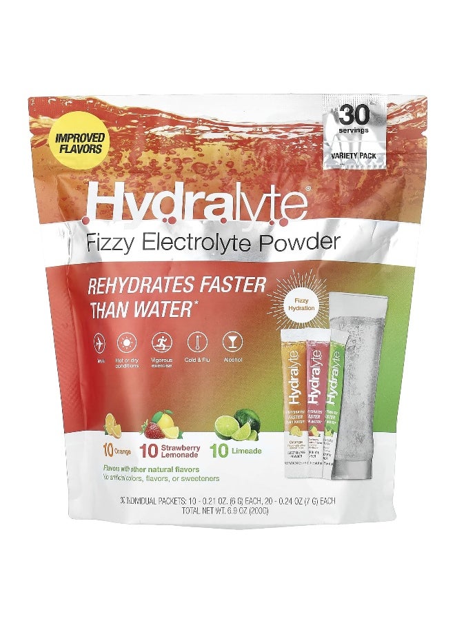 Hydralyte, Fizzy Electrolyte Powder, Variety Pack, Orange, Strawberry Lemonade, Limeade, 30 Individual Packets
