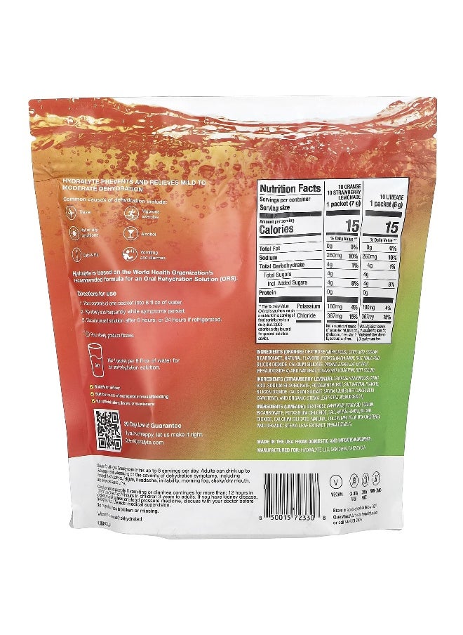 Hydralyte, Fizzy Electrolyte Powder, Variety Pack, Orange, Strawberry Lemonade, Limeade, 30 Individual Packets