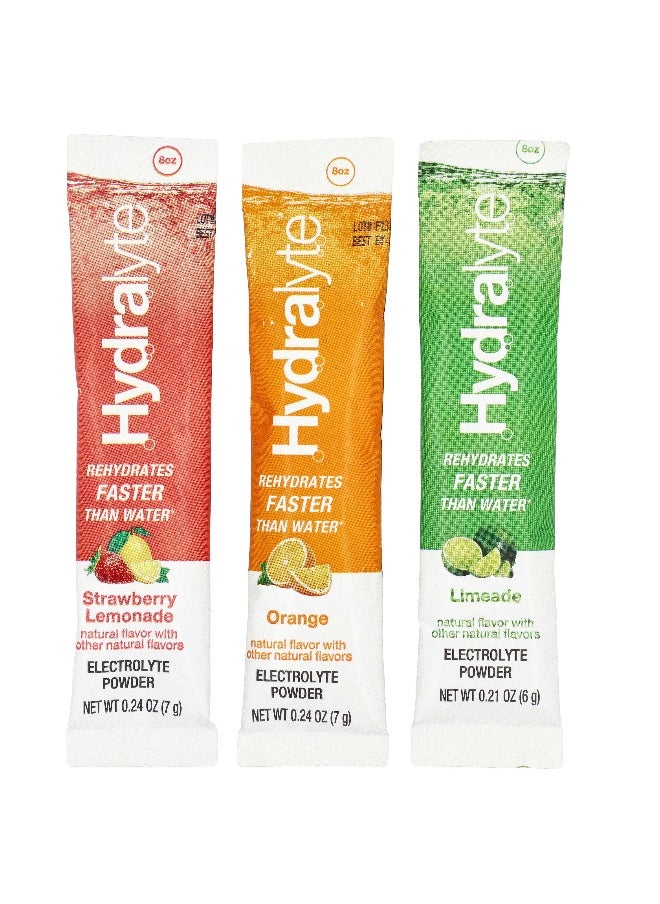 Hydralyte, Fizzy Electrolyte Powder, Variety Pack, Orange, Strawberry Lemonade, Limeade, 30 Individual Packets
