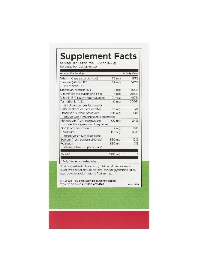 Swanson, Simply Hydrate, Electrolyte Hydration Mix, Watermelon, 30 Stick Packs, 0.22 oz (6.2 g) Each
