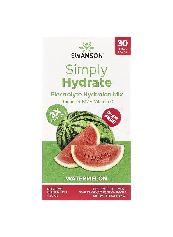 Swanson, Simply Hydrate, Electrolyte Hydration Mix, Watermelon, 30 Stick Packs, 0.22 oz (6.2 g) Each
