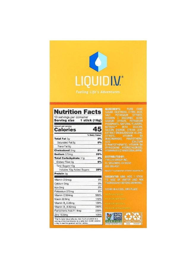 Liquid I.V., Hydration Multiplier + Immune Support Drink Mix, Tangerine, 10 Stick Packs, 0.56 oz (16 g) Each