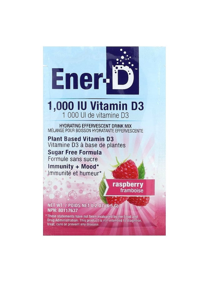 Ener-C, Ener-D, Vitamin D3, Hydrating Effervescent Drink Mix, Sugar Free, Raspberry, 1,000 mg, 24 Packets