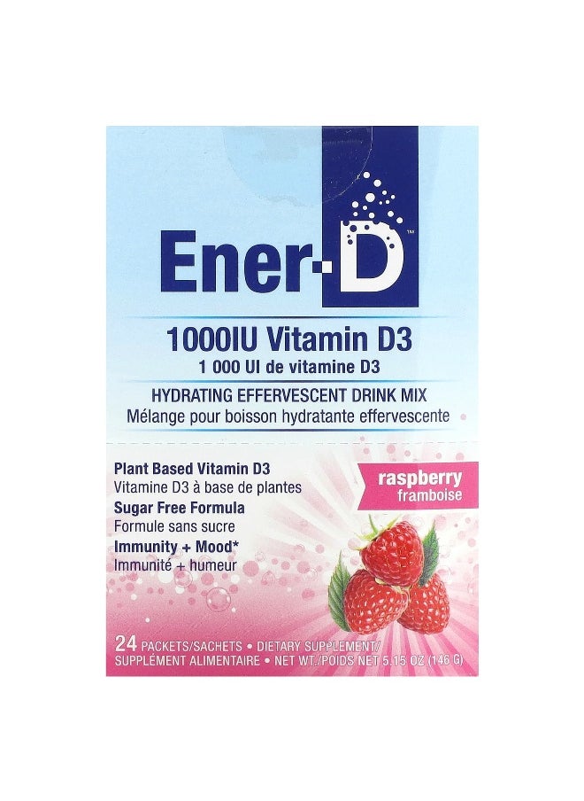 Ener-C, Ener-D, Vitamin D3, Hydrating Effervescent Drink Mix, Sugar Free, Raspberry, 1,000 mg, 24 Packets