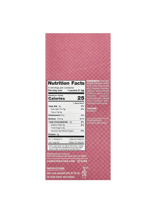 Cure Hydration, Kids, Electrolyte Drink Mix, Pink Lemonade, 6 Packets, 0.26 oz (7.3 g) Each