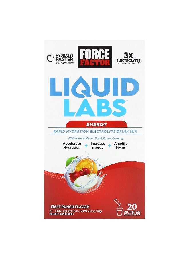 Force Factor, Liquid Labs™ Energy, Rapid Hydration Electrolyte Drink Mix, Fruit Punch, 20 Stick Packs, 0.28 oz (8 g) Each
