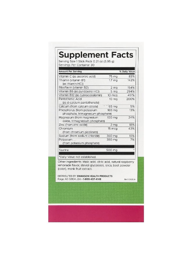 Swanson, Simply Hydrate, Electrolyte Hydration Mix, Raspberry Lemonade, 30 Stick Packs, 0.21 oz (5.95 g) Each